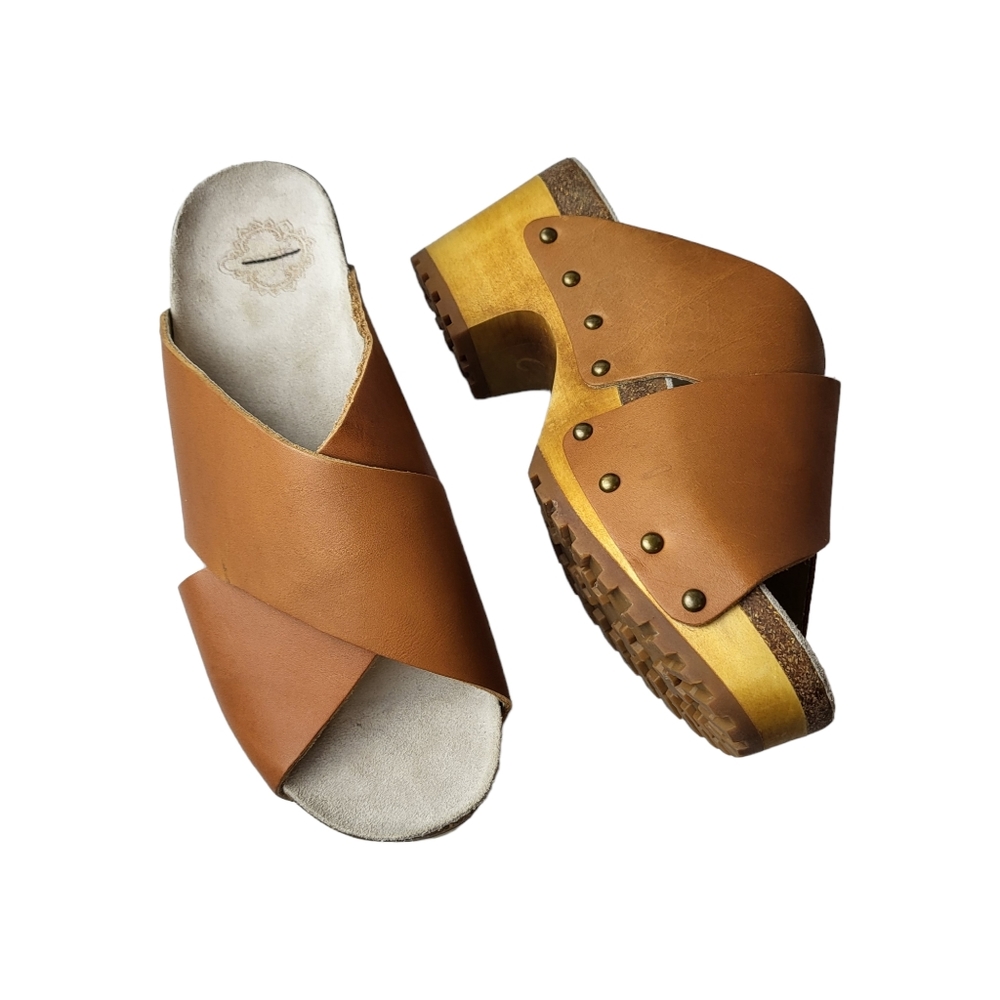 Ecote Urban Outfitters Leather Wooden Heeled Chunky Sandals